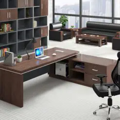High class office executive desk – L-shape Desk + Attached Side Cabinet – Wear Resistance Surface/Wood Panel