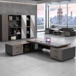 Modern wooden executive desk – L-SHAPE DESK + STORAGE CABINET – Medium Density Fiberboard