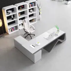 Stylish and high tech executive desk – L-shape Desk with Attached Side Cabinet – Wood Panel, Melamine Board + Steel Frame
