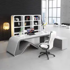 Stylish and high tech executive desk – L-shape Desk with Attached Side Cabinet – Wood Panel, Melamine Board + Steel Frame