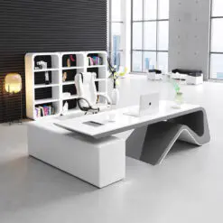 Stylish and high tech executive desk – L-shape Desk with Attached Side Cabinet – Wood Panel, Melamine Board + Steel Frame